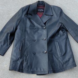 Wilsons Leather Black Double Breasted Pea Coat Jacket & Thinsulate Liner 1X